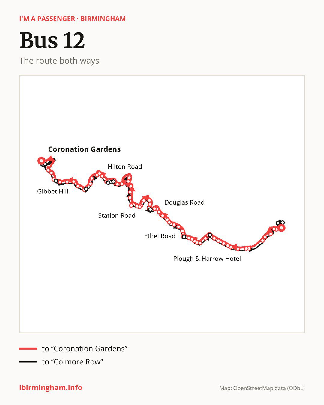 Bus route 12 in Birmingham on the map: the route both ways