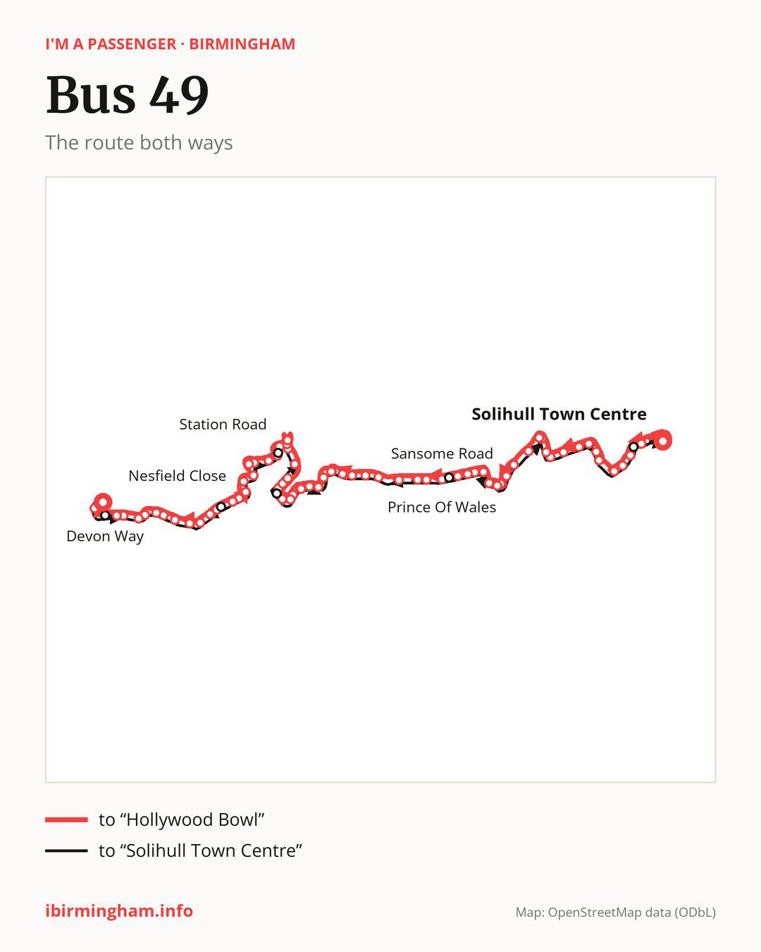 Bus route 49 in Birmingham on the map: the route both ways