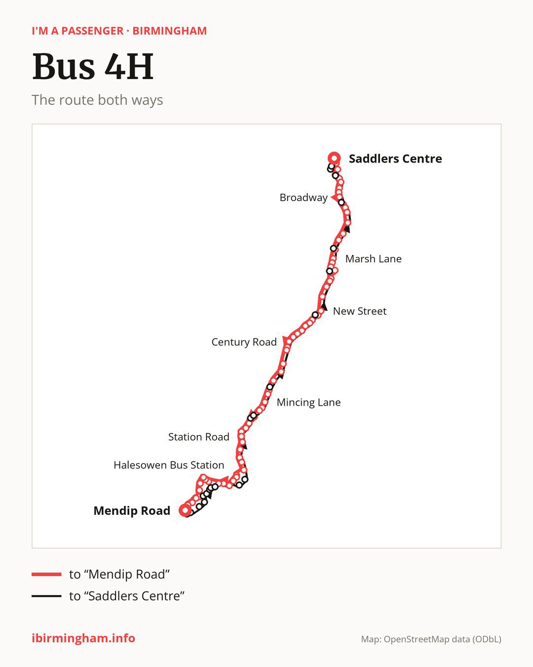 Bus route 4H in Birmingham on the map: the route both ways