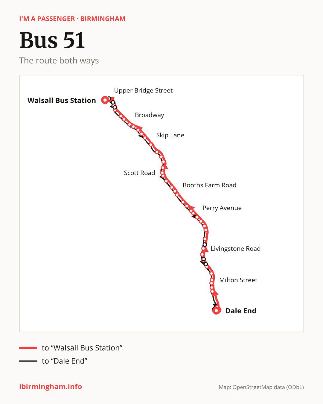 Bus route 51 in Birmingham on the map: the route both ways