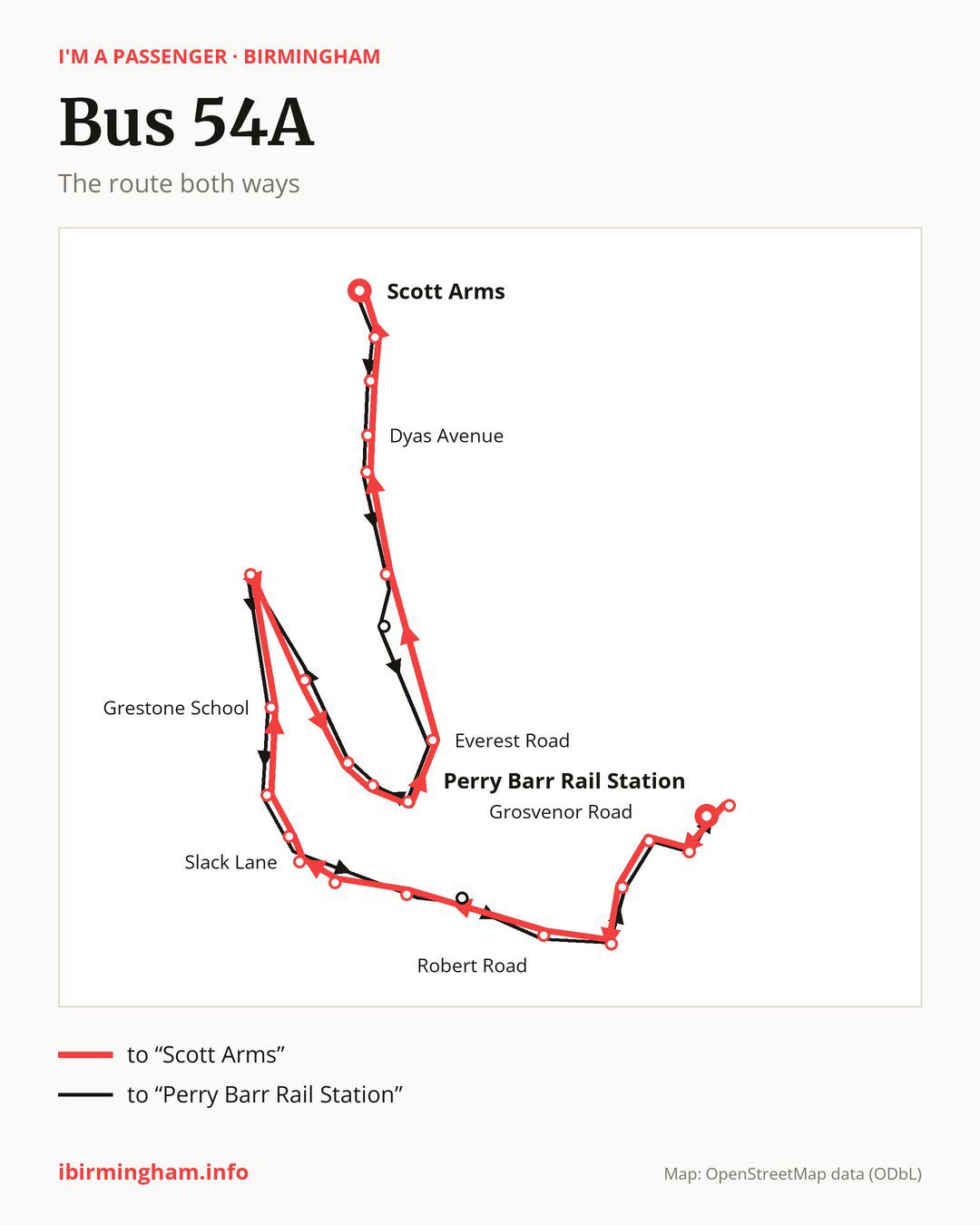Bus route 54A in Birmingham on the map: the route both ways