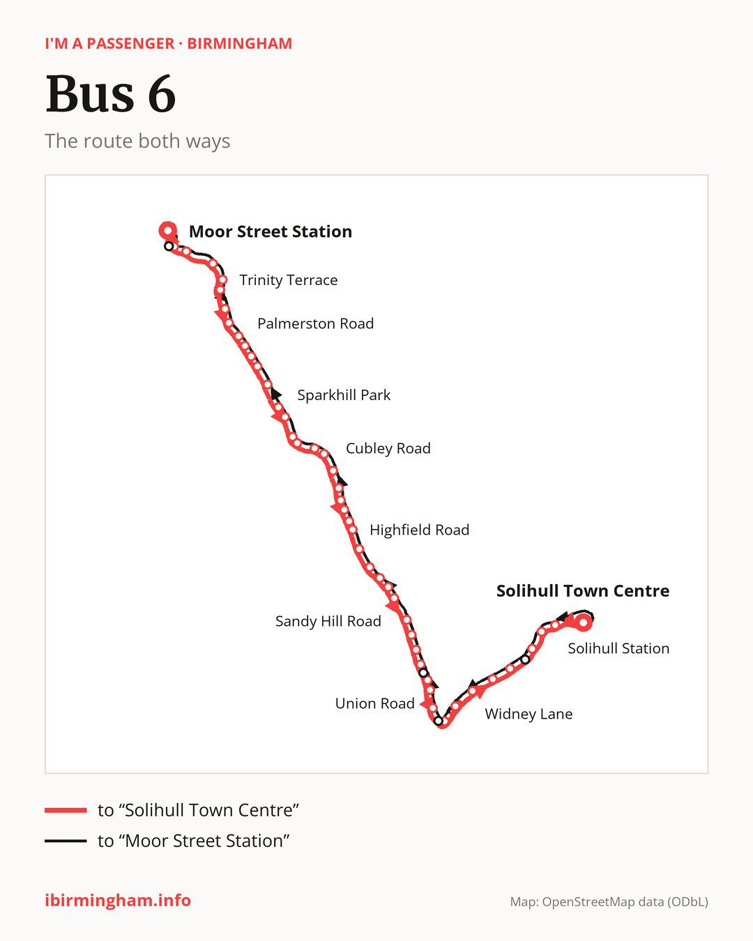 Bus route 6 in Birmingham on the map: the route both ways