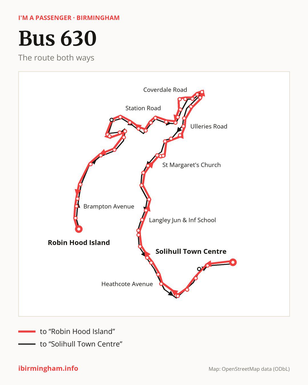 Bus route 630 in Birmingham on the map: the route both ways