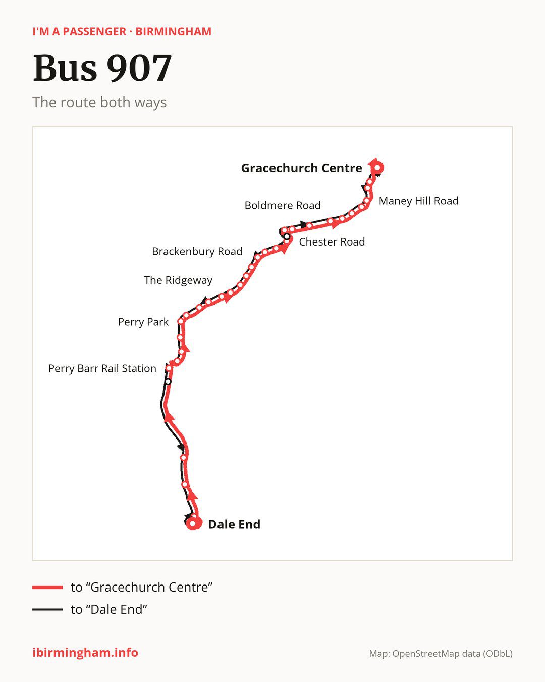 Bus route 907 in Birmingham on the map: the route both ways
