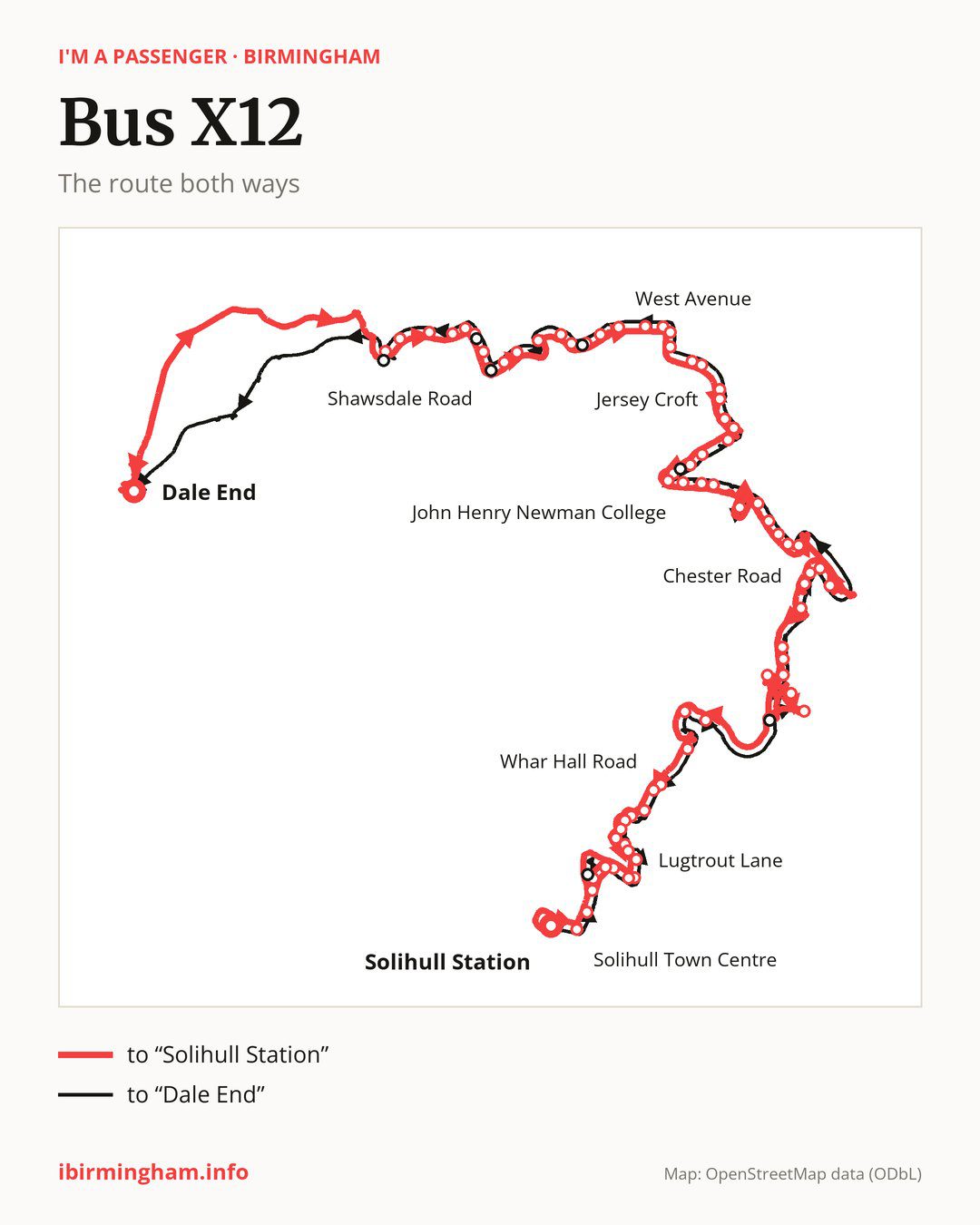 Bus route X12 in Birmingham on the map: the route both ways