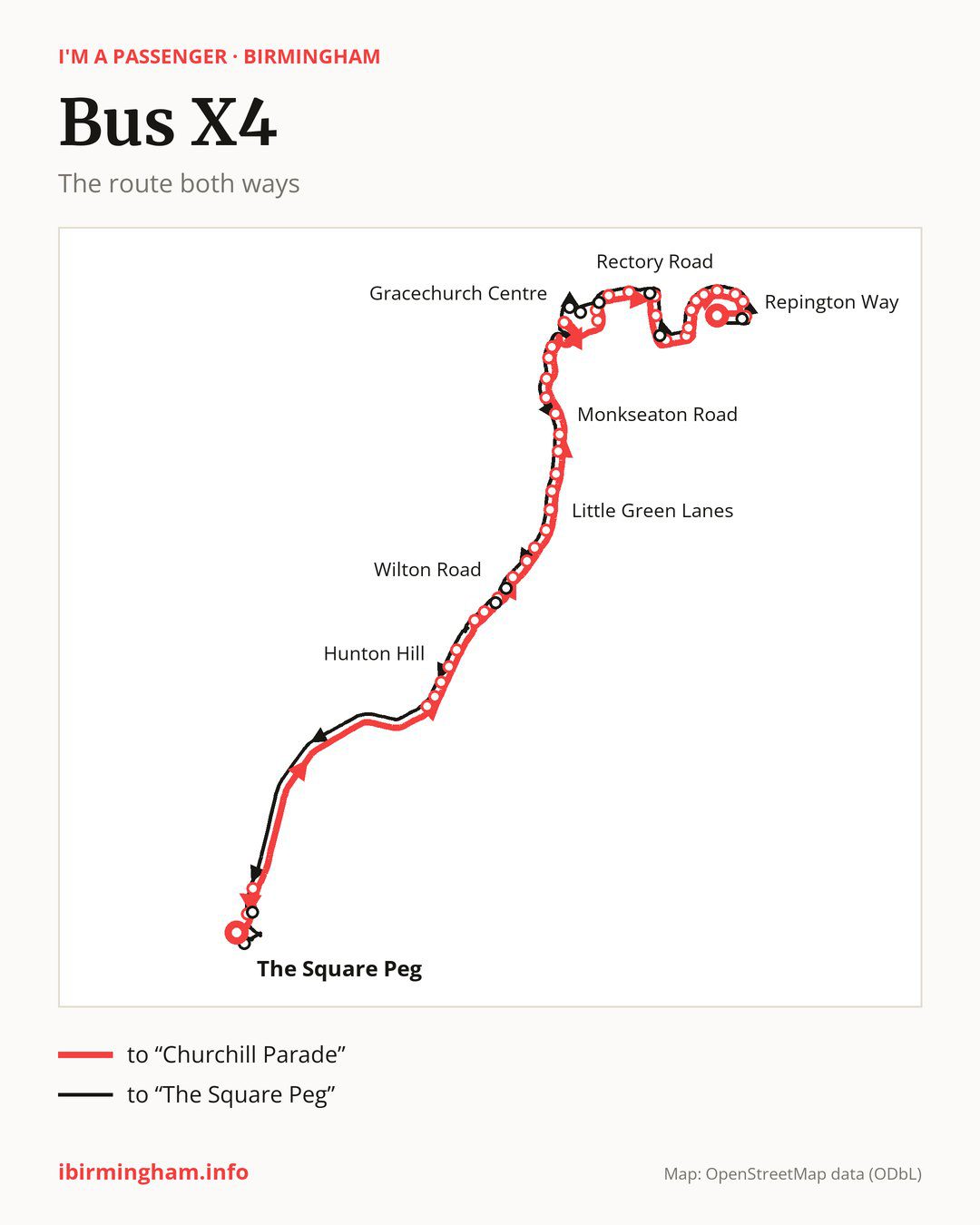 Bus route X4 in Birmingham on the map: the route both ways
