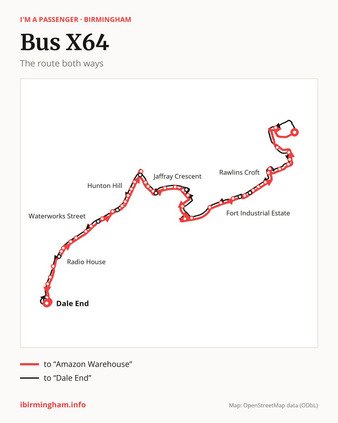 Bus route X64 in Birmingham on the map: the route both ways